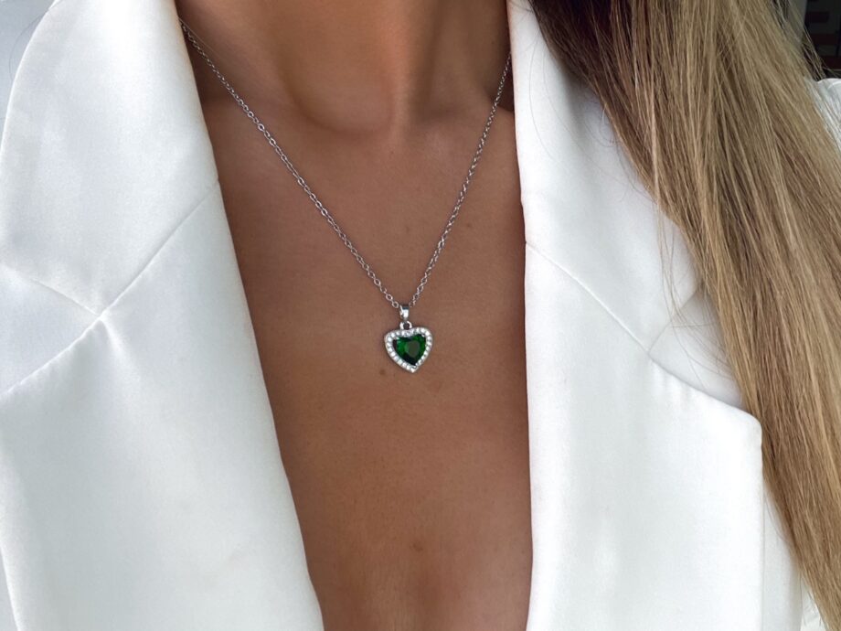 Ατσάλινο κολιέ με πέτρα σμαράγδι "emerald stone green heart"